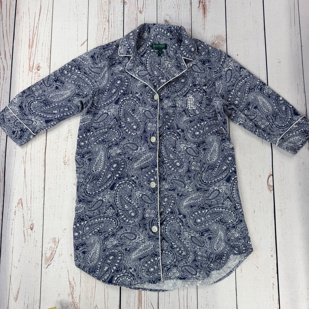 Lauren Ralph Lauren Navy Blue Paisley Cotton Sleep Shirt Nightgown Large